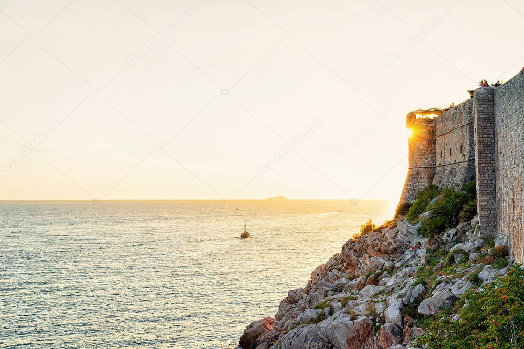 Dubrovnik Fortress and ship at Adriatic Sea