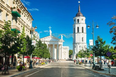 Şafak cadde üzerinde insanlar katedral Meydanı Vilnius '