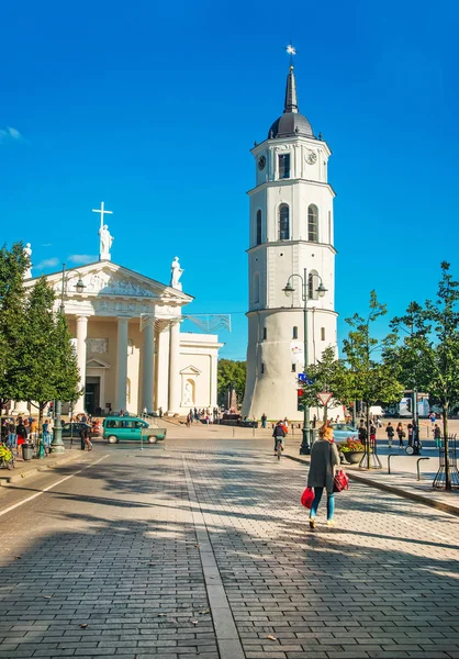 Az emberek a Gediminas sugárút, a vilniusi katedrális tér — Stock Fotó