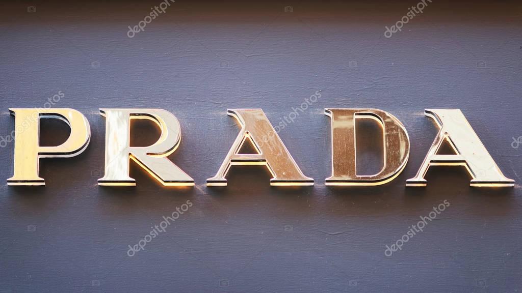 Rome, Italy - October 14, 2016: Prada Sign of street shop window of Rome.