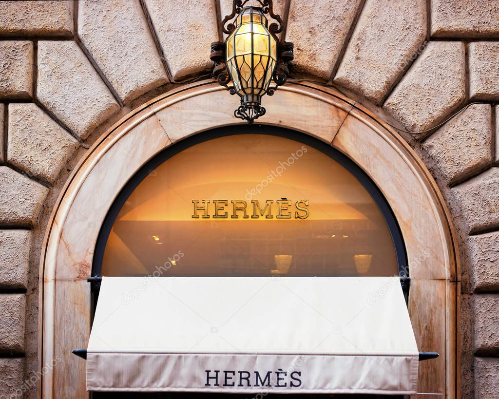 Rome, Italy - October 14, 2016: Hermes Sign of street shop window, Rome.
