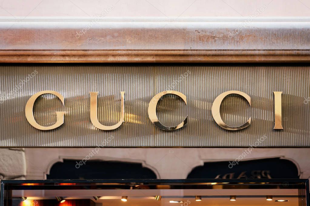 Rome, Italy - October 14, 2016: Gucci Sign on street shop window, Rome, Italy.