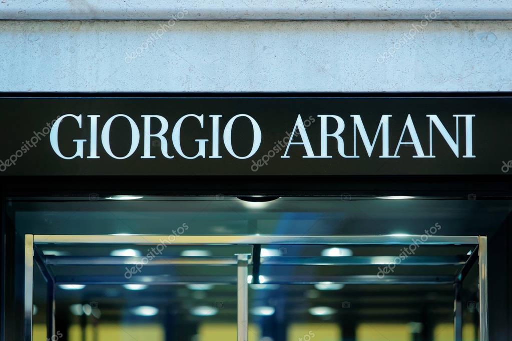 Rome, Italy - October 14, 2016: Giorgio Armani Sign of street shop window in Rome.