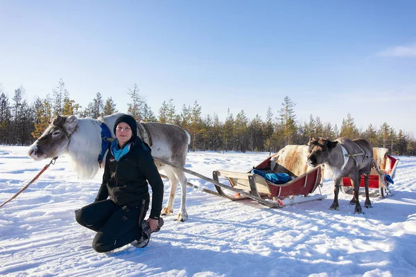 Niña en el bosque de caravanas de trineo de renos Laponia Norte de Finlandia —  Fotos de Stock