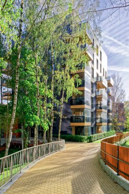 Modern cam daire konut bina ve huş ağaçları