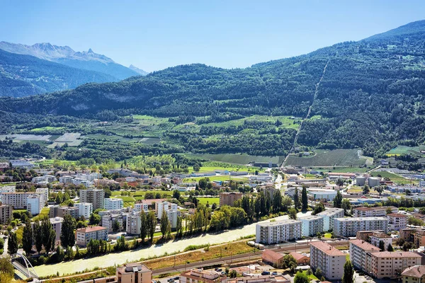 City in Sion with Rhone River capital Valais Switzerland — Stock Photo, Image