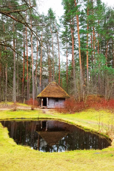 Rumah tua dengan kolam buatan di desa Etnografi Baltik Riga — Stok Foto