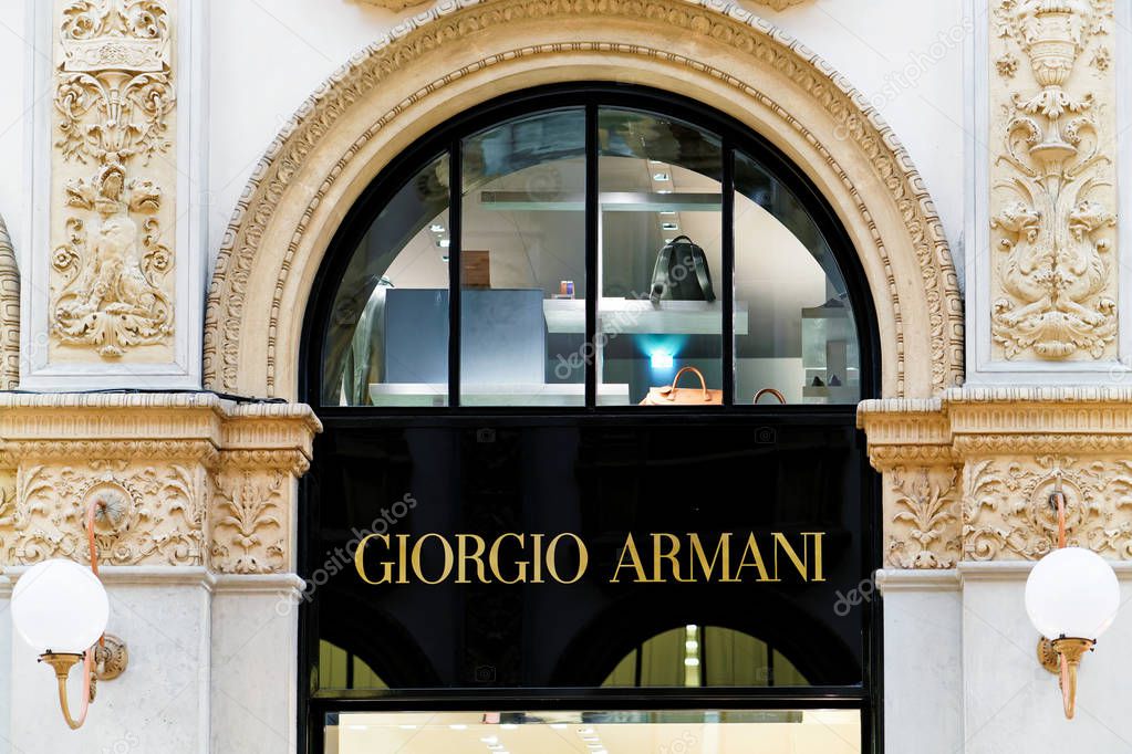 Milan, Italy - October 24, 2016: Giorgio Armani Sign of street shop window in Milan.