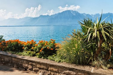 Montreux Riviera'sında Cenevre Gölü mesire bankta