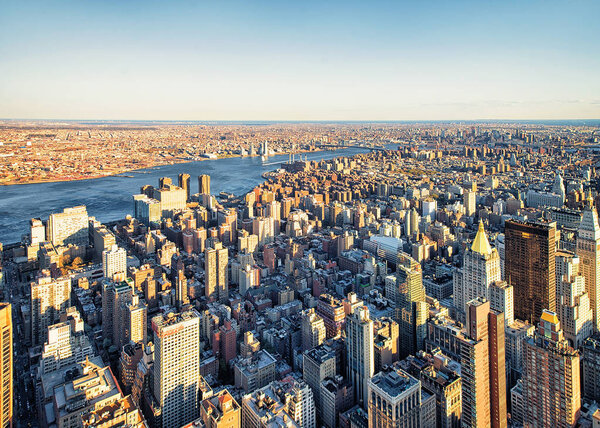 Aerial view of Skyscrapers in Manhattan and Brooklyn NYC America