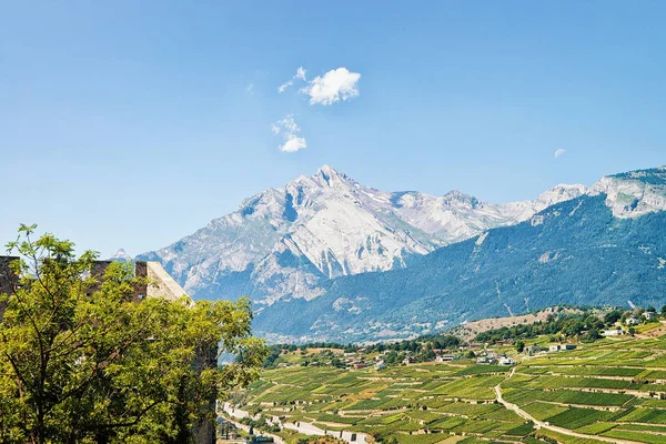 陀飞轮的城堡与景观的中港合资资本瑞士瓦莱州 — 图库照片