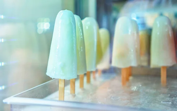 Selection of frozen fruit sorbet icecream in fridge cafe Positano — Stock Photo, Image