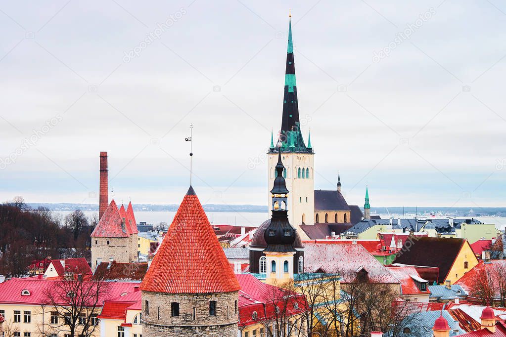 Cityscape with St Olaf Church and defensive walls at Tallinn