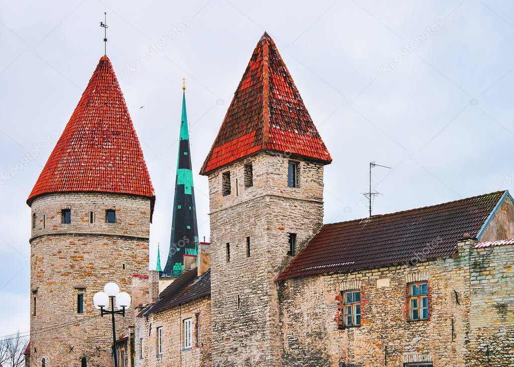 Cityscape with St Olaf Church and defensive walls Tallinn