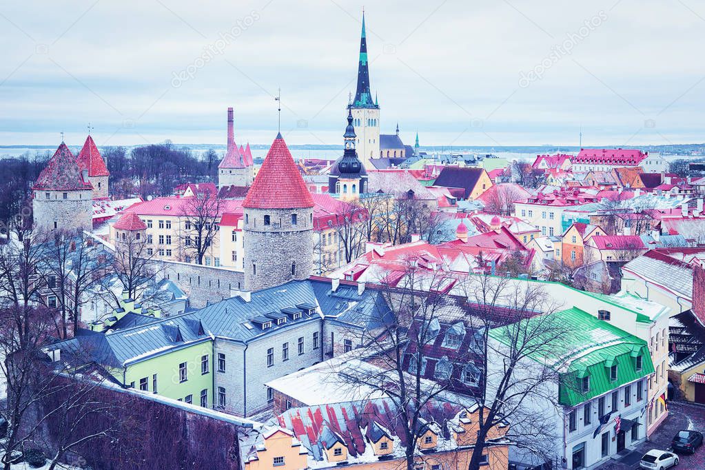Cityscape with St Olaf Church and defensive walls of Tallinn