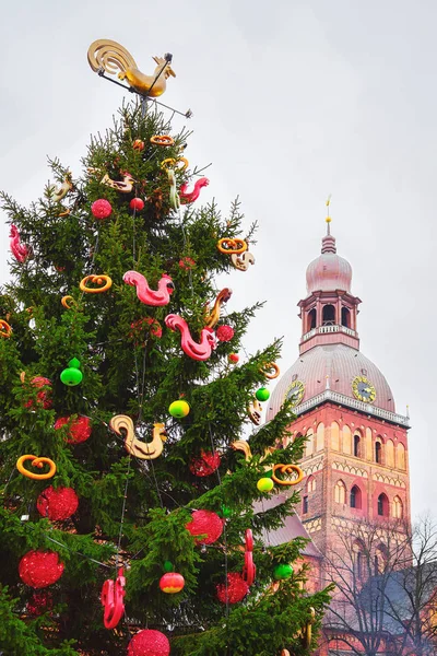 Riga Dome Cathedral en kerstboom op Old Town winter — Stockfoto