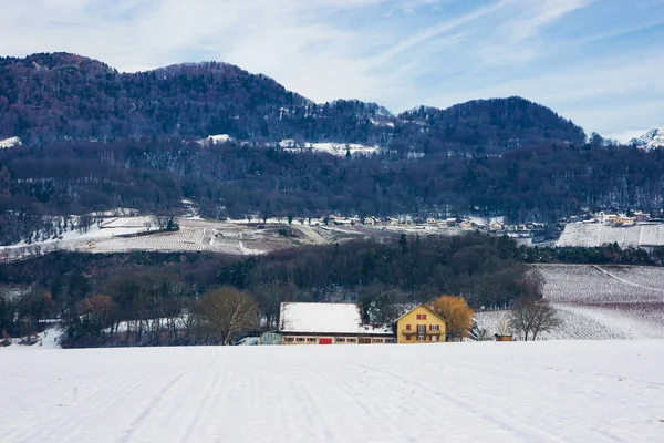 Krajobraz na wsi w Szwajcarii snowy zimowych — Zdjęcie stockowe