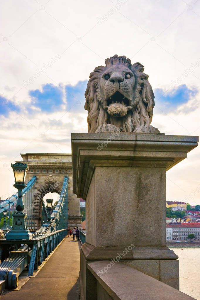 Lion sculpture on Szechenyi Chain Bridge Budapest Hungary