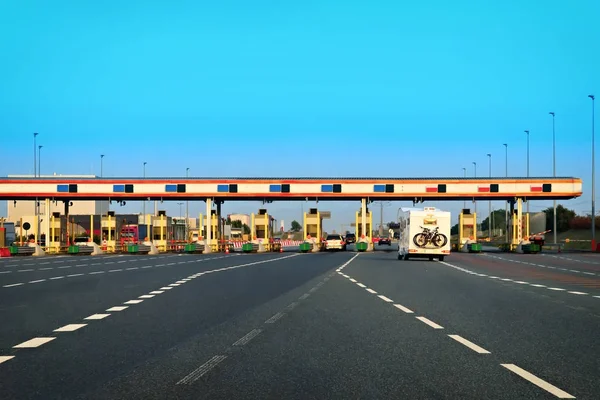 Caravan at toll road transportation express way Switzerland