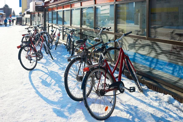 Bicycles in snowy street in winter Rovaniemi — Stock Photo, Image