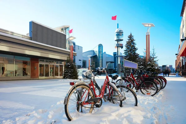 Bicycles in snowy street of winter Rovaniemi