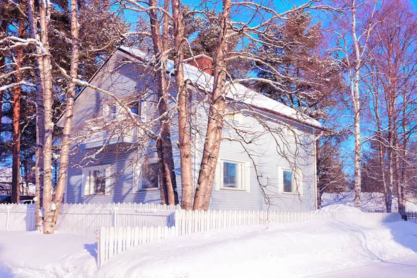 Acogedora cabaña y árboles en invierno Rovaniemi — Foto de Stock