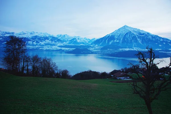 Wieś Sigrilwil na jezioro Thun i Alpy Szwajcarskie — Zdjęcie stockowe