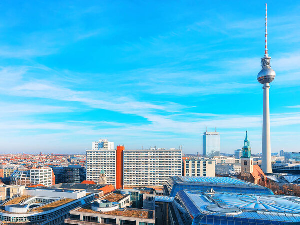 Berlin, Germany - December 13, 2017: Panoramic view on city center with Television tower in Berlin, Germany