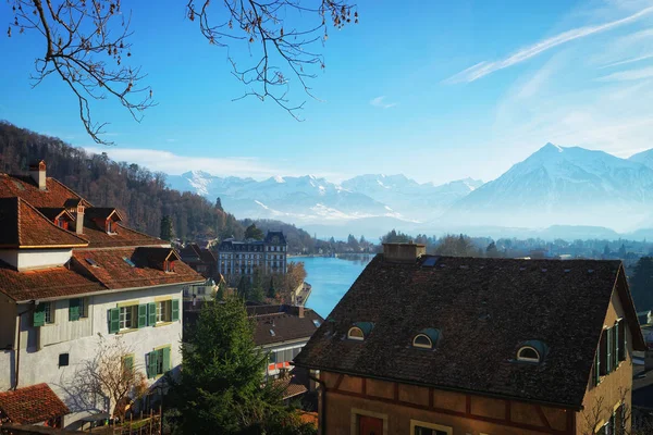 Panorama an der stadt thun mit thunersee und alpen winter — Stockfoto