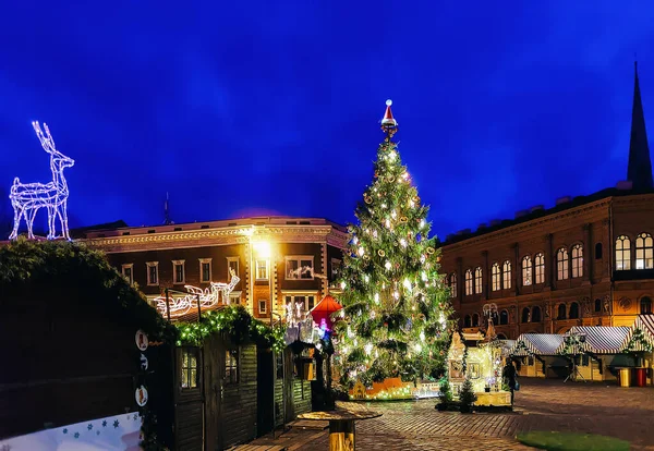 Домская площадь и елка ночью Рига — стоковое фото