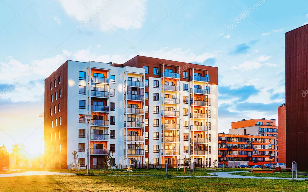 Modern residential apartments with flats building exterior and outdoor facilities