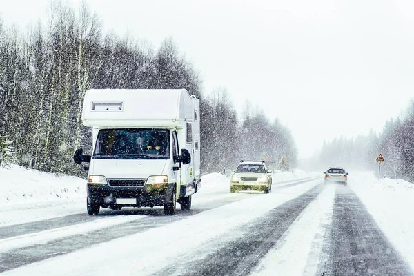 Caravan in road in Rovaniemi Finland of winter Lapland — Stock Photo, Image