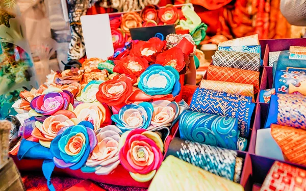 Festive handmade ties and flower brooches Riga Christmas market new — Stock Photo, Image