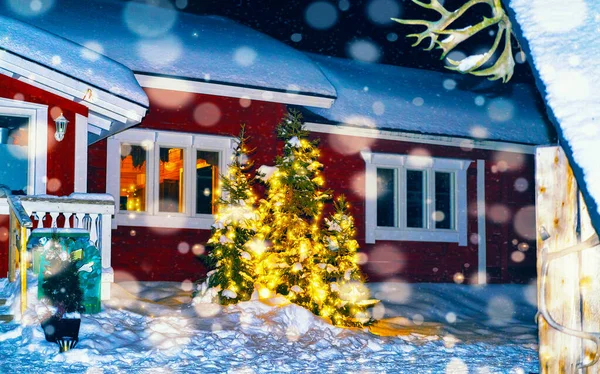 Ferme de rennes domestiques en hiver Laponie Finlande nuit neige nouvelle — Photo