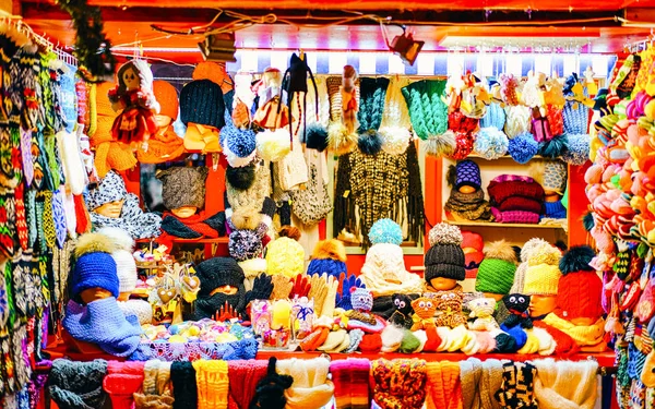 Stall with warm clothes Riga Christmas Market reflex — Stock Photo, Image