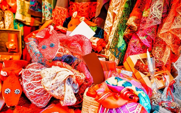 Handmade scarfs and other clothes Riga Christmas Market reflex — Stock Photo, Image