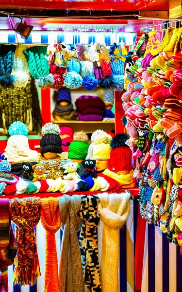 Stall with the warm clothes at Riga Christmas Market reflex — Stock Photo, Image