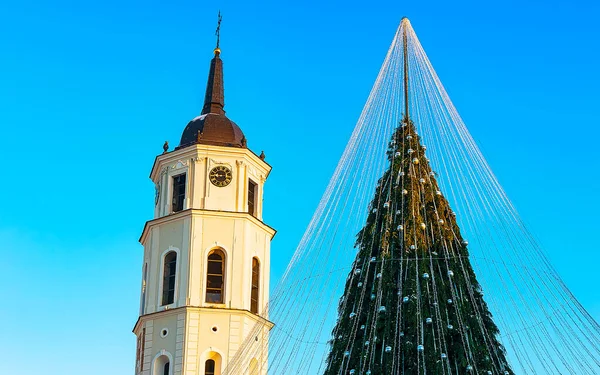 Árbol de Navidad y campanario de la Catedral Vilnius en Lituania Reflejo de Adviento —  Fotos de Stock