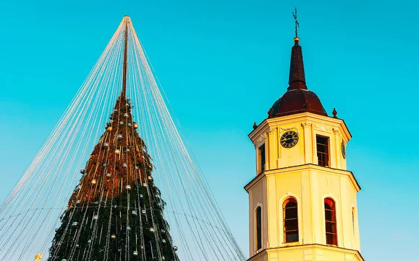 Árbol de Navidad en la plaza de la Catedral de Vilna reflejo —  Fotos de Stock