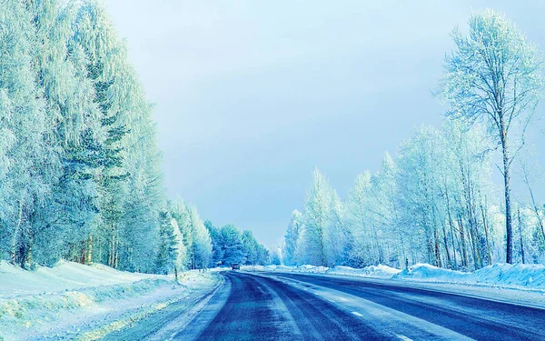 Snowy road at winter Rovaniemi with reflex — Stock Photo, Image