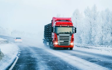 Finlandiya 'nın Karlı Kış Yolu' ndaki Kamyon Laponya refleksi
