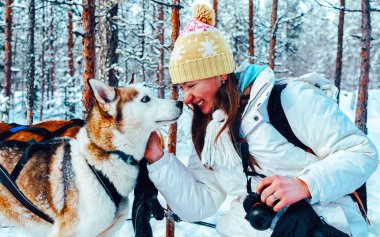 Kız ve Husky Finlandiya 'da kızakta, Laponya refleksinde.