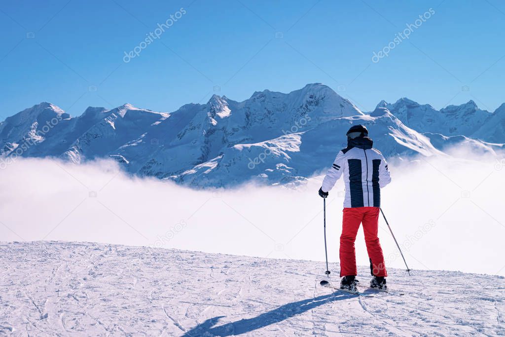 Man Skier skiing Zillertal Arena ski resort Austria