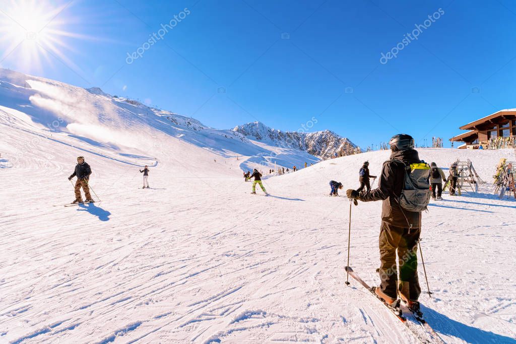 Men Skiers skiing in Hintertux Glacier of Tyrol in Austria