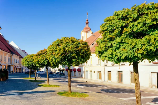 Plaza de la Libertad principal con árboles verdes en el centro antiguo en Slovenska Bistrica — Foto de Stock