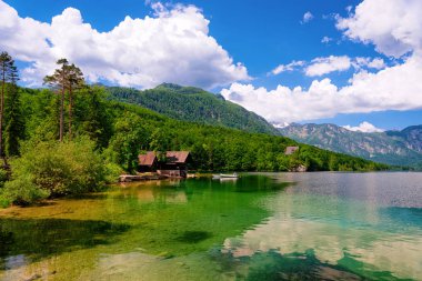 Bohinj Gölü 'nde ahşap evler ve tekne manzarası.
