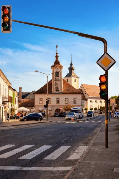 Main Liberty square with crossroads at Church in Slovenska Bistrica — Stock Photo, Image