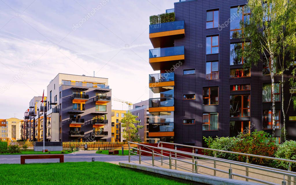 Modern glass apartment residential buildings with reflex