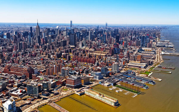 Aerial panoramic view on Skyline with Skyscrapers in Downtown and Lower Manhattan, New York City, America. USA. American architecture building. Panorama of Metropolis NYC. Cityscape. Hudson River