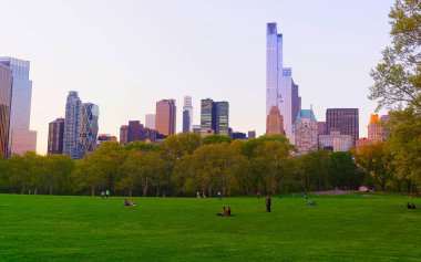 Central Park 'ın güney refleksinden yeşil çimen ve Manhattan şehir merkezi görülüyor.